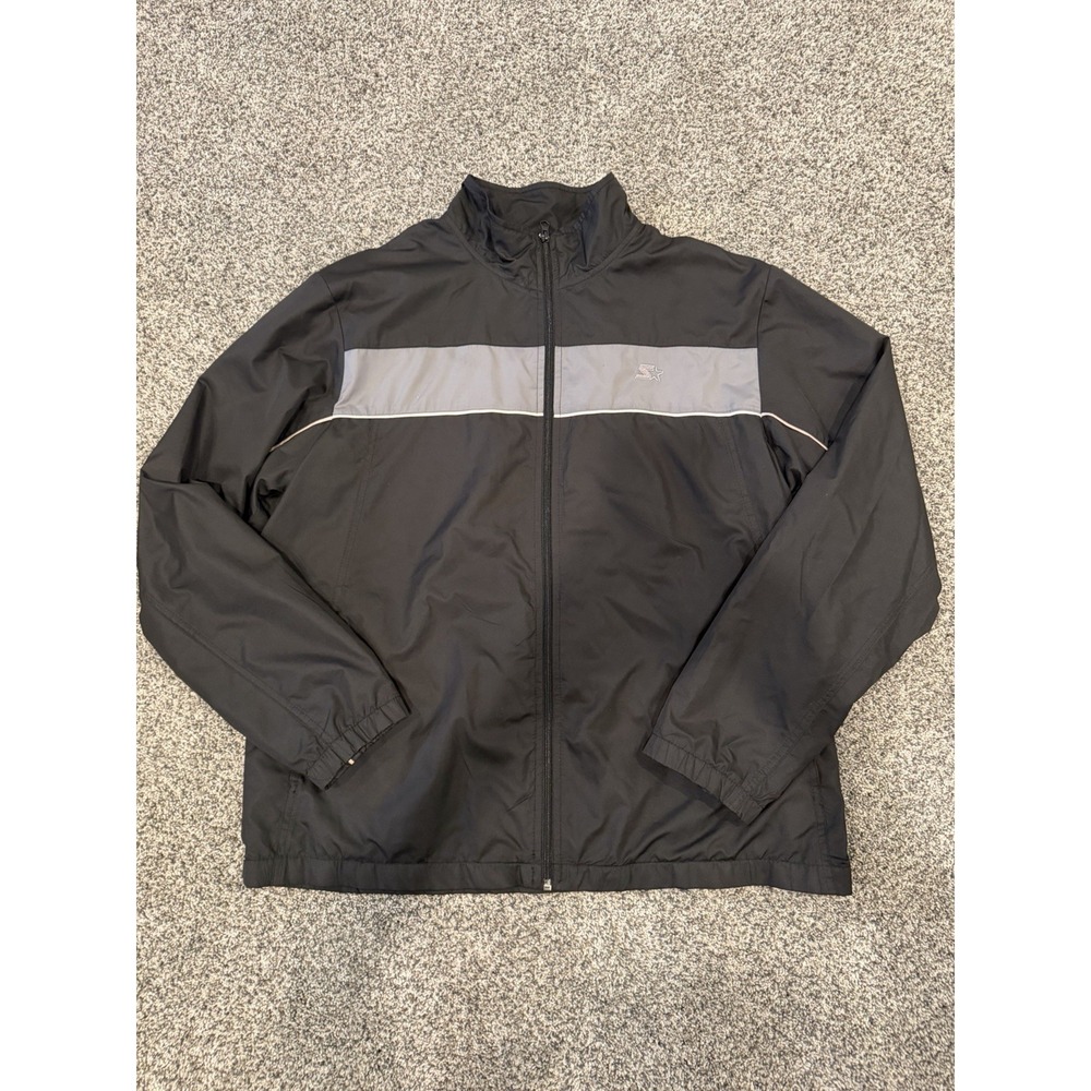 Vintage 90s Starter Jacket Zip Up Windbreaker Hooded Black Gray Mens L 42-44